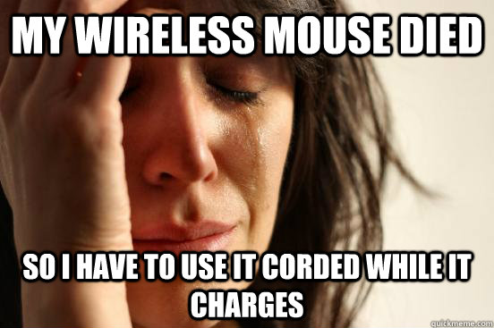 my wireless mouse died so i have to use it corded while it c - First World Problems