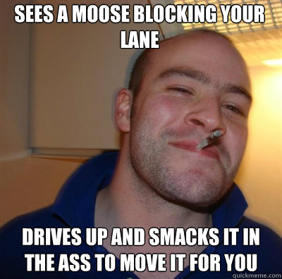 sees a moose blocking your lane drives up and smacks it in t - Goodguy Greg Shitting
