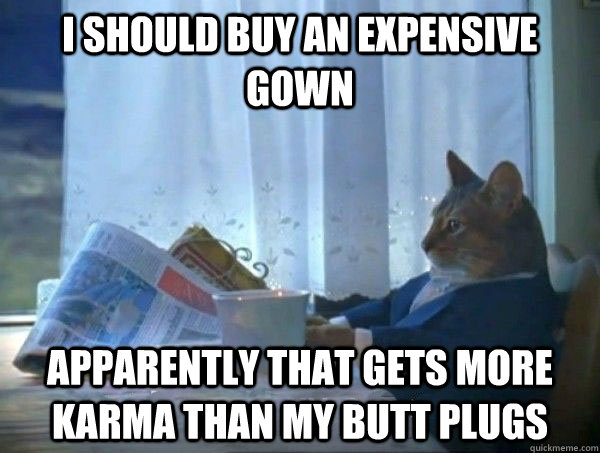 i should buy an expensive gown apparently that gets more kar - morning realization newspaper cat meme