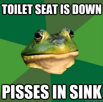 toilet seat is down pisses in sink - Foul Bachelor Frog