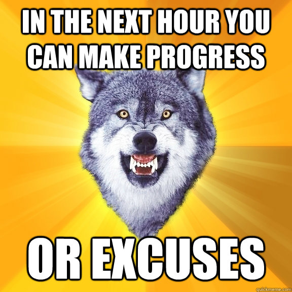 in the next hour you can make progress or excuses - Courage Wolf