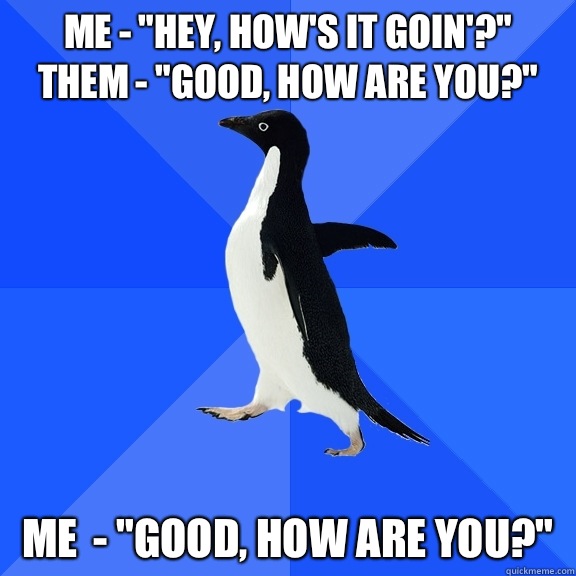 Me Hey hows it goin Them Good how are you Me Good how are yo - Socially Awkward Penguin