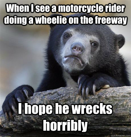 when i see a motorcycle rider doing a wheelie on the freeway - Confession Bear