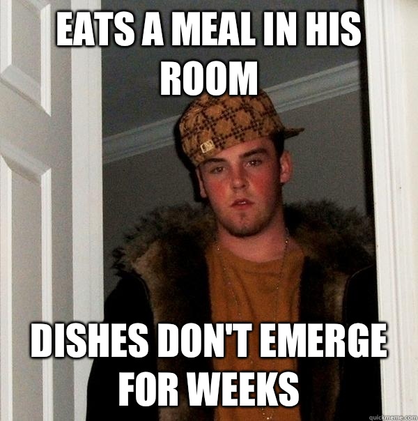 Eats a meal in his room Dishes dont emerge for weeks - Scumbag Steve
