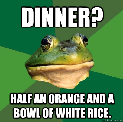 dinner half an orange and a bowl of white rice - Foul Bachelor Frog