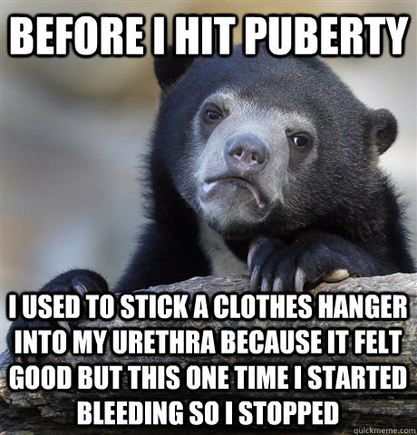 before i hit puberty i used to stick a clothes hanger into - Confession Bear