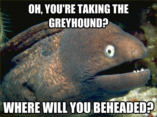 oh youre taking the greyhound where will you beheaded - Bad Joke Eel