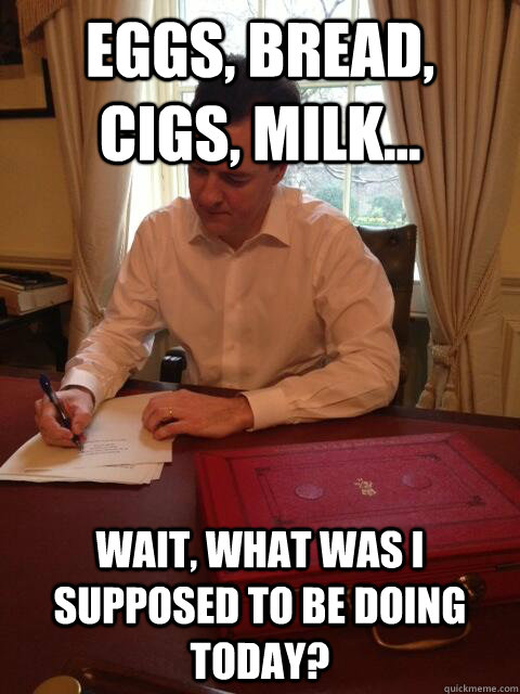 eggs bread cigs milk wait what was i supposed to be d - Worried George