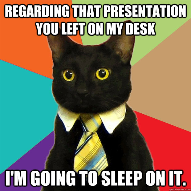 regarding that presentation you left on my desk im going to - Business Cat