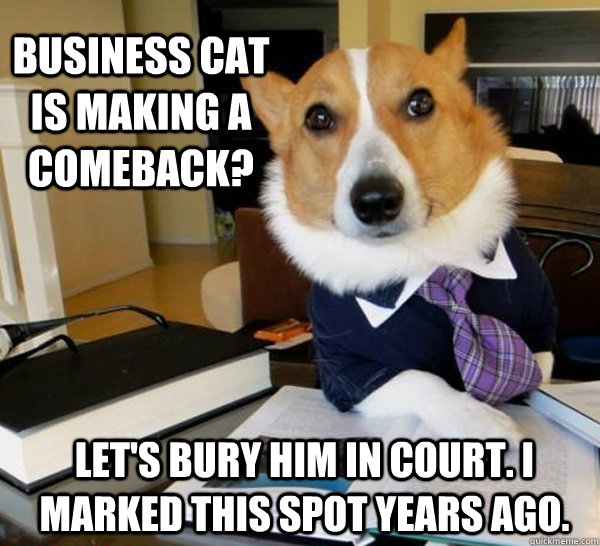 business cat is making a comeback lets bury him in court - Lawyer Dog
