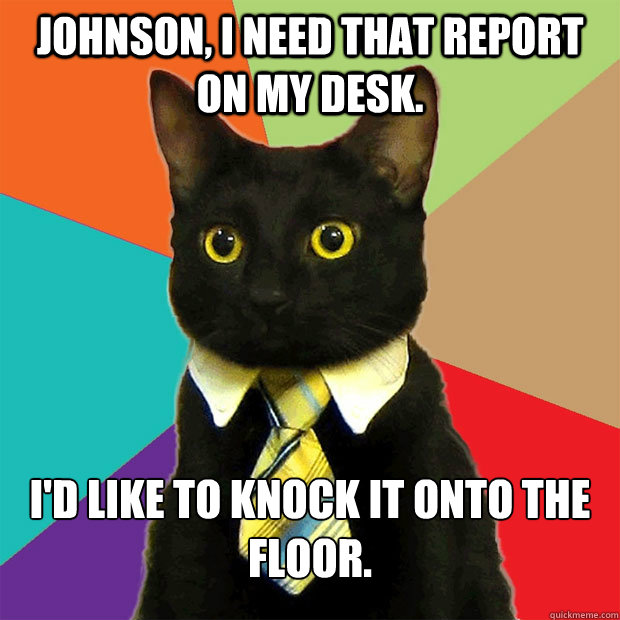 johnson i need that report on my desk id like to knock it - Business Cat