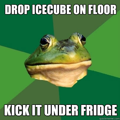 drop icecube on floor kick it under fridge - Foul Bachelor Frog