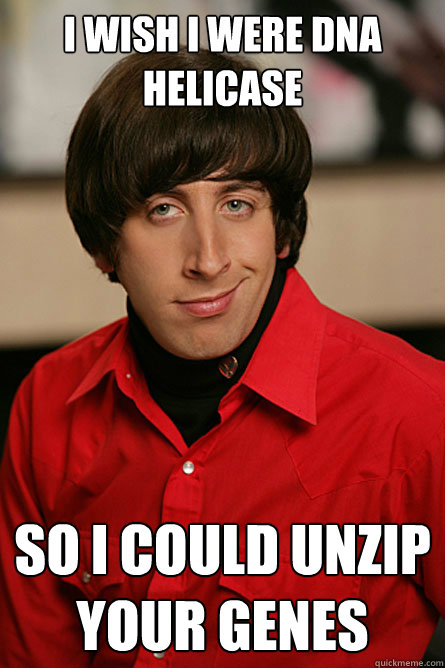 i wish i were dna helicase so i could unzip your genes - Pickup Line Scientist