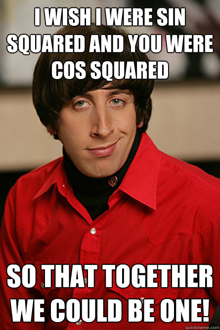 i wish i were sin squared and you were cos squared so that - Pickup Line Scientist