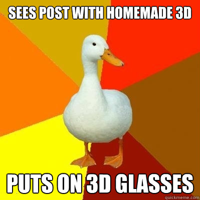 sees post with homemade 3d puts on 3d glasses - Tech Impaired Duck