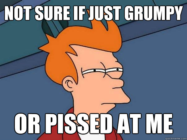 not sure if just grumpy or pissed at me - Futurama Fry