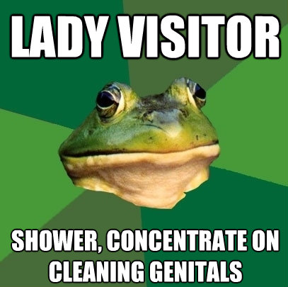 lady visitor shower concentrate on cleaning genitals - Foul Bachelor Frog