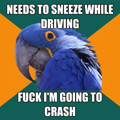 needs to sneeze while driving fuck im going to crash - Paranoid Parrot