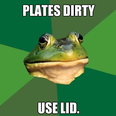 plates dirty use lid - Foul Bachelor Frog