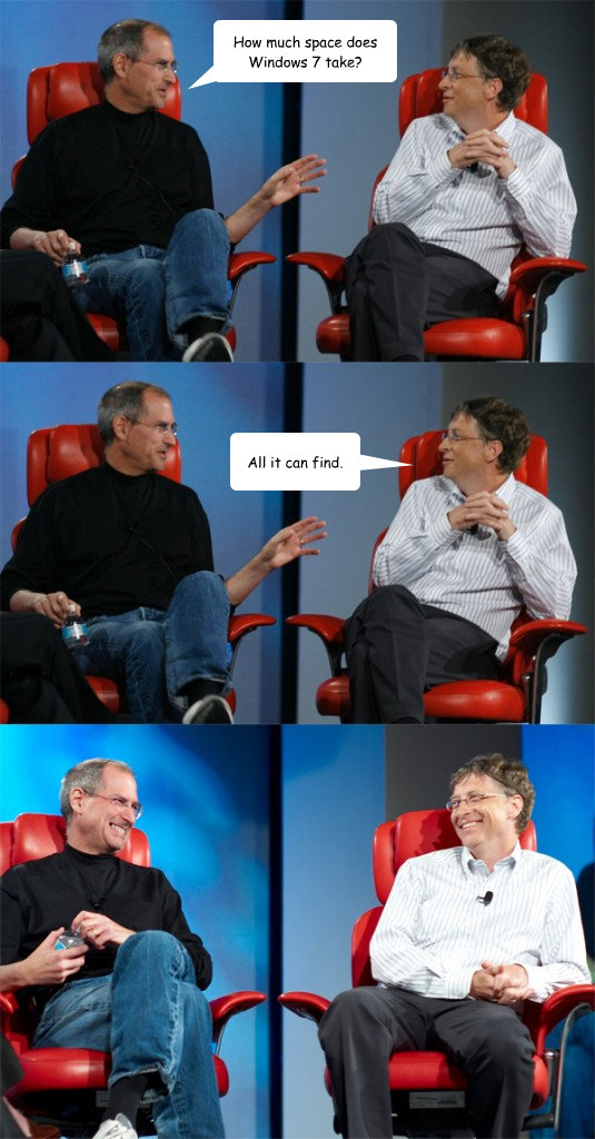 how much space does windows 7 take all it can find - Steve Jobs vs Bill Gates