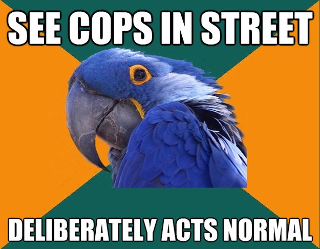 see cops in street deliberately acts normal - Paranoid Parrot