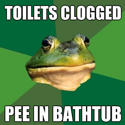 toilets clogged pee in bathtub - Foul Bachelor Frog